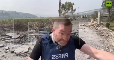 Missile lands metres from reporter crossing live on Russian TV from Lebanon