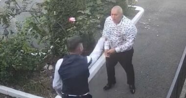 Moment dog groomer is attacked by rival's husband at awards ceremony