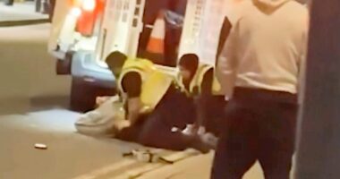 Moment police officer screams in pain as man bites him during arrest