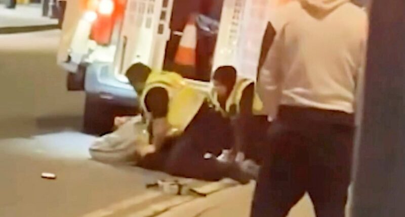 Moment police officer screams in pain as man bites him during arrest