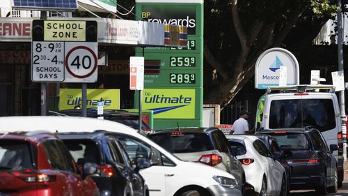Petrol & diesel prices continue to increase as the war in Iran persists. Pic shows drivers queued for petrol at BP Mascot where lowest prices in the area saw lines stretched down Botany Rd.