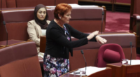 One Nation leader Senator Pauline Hanson slaps herself on the wrist.