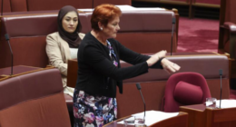 One Nation leader Senator Pauline Hanson slaps herself on the wrist.