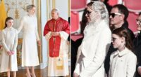 Princess Charlene exercises her 'privilège du blanc' as she wears white to meet the Pope with her lookalike daughter Gabriella