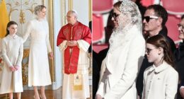 Princess Charlene exercises her 'privilège du blanc' as she wears white to meet the Pope with her lookalike daughter Gabriella