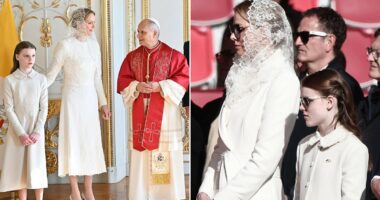 Princess Charlene exercises her 'privilège du blanc' as she wears white to meet the Pope with her lookalike daughter Gabriella