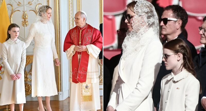 Princess Charlene exercises her 'privilège du blanc' as she wears white to meet the Pope with her lookalike daughter Gabriella