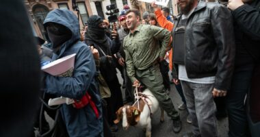 Protesters clash over Jake Lang pig roast at ‘anti Islamification’ rally in New York City