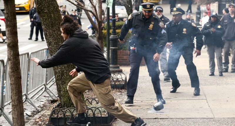 Protesters throw smoke bombs, clash over Jake Lang pig roast at ‘anti Islamification’ rally at Gracie Mansion