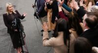White House press secretary Karoline Leavitt speaks with reporters at the White House, Friday, March 6, 2026, in Washington. (AP Photo/Julia Demaree Nikhinson)