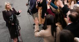 White House press secretary Karoline Leavitt speaks with reporters at the White House, Friday, March 6, 2026, in Washington. (AP Photo/Julia Demaree Nikhinson)