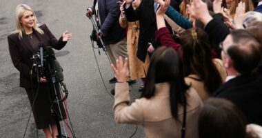 White House press secretary Karoline Leavitt speaks with reporters at the White House, Friday, March 6, 2026, in Washington. (AP Photo/Julia Demaree Nikhinson)