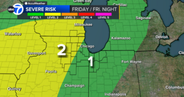 Severe weather possible tomorrow in Chicago area, with more storms expected early Saturday, including hail, gusty winds
