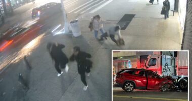 Shocking video shows sparks fly as out-of-control driver appears to drag cyclists down busy Harlem street in fatal crash