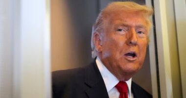 President Donald Trump speaks to reporters while traveling aboard Air Force One