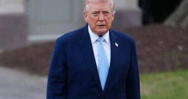 President Donald Trump walks to speak with reporters before departing on Marine One from the South Lawn of the White House, Friday, March 20, 2026, in Washington. (AP Photo/Julia Demaree Nikhinson)