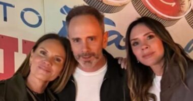 Victoria Beckham and her rarely seen brother Christian enjoy a family outing with their sister Louise Adams to support her son Cruz during his tour