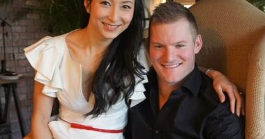 Father-of-two Blair Campbell (pictured with wife Tina), 35, died after he accidentally hit a substation wire covered in ivy in October 2022