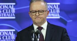 Prime Minister Anthony Albanese during an address to the National Press Club of Australia in Canberra on Thursday 2 April 2026. fedpol Photo: Alex Ellinghausen
