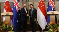 Prime Minister Anthony Albanese and Prime Minister of Singapore Lawrence Wong during a joint press conference at Istana Villa in Singapore on April 10, 2026. fedpol Photo: Dominic Lorrimer