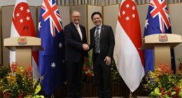 Prime Minister Anthony Albanese and Prime Minister of Singapore Lawrence Wong during a joint press conference at Istana Villa in Singapore on April 10, 2026. fedpol Photo: Dominic Lorrimer