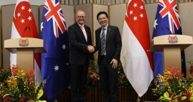 Prime Minister Anthony Albanese and Prime Minister of Singapore Lawrence Wong during a joint press conference at Istana Villa in Singapore on April 10, 2026. fedpol Photo: Dominic Lorrimer