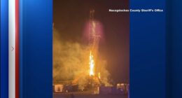Authorities investigating large fire after explosion at East Texas oil well near Nacogdoches Tuesday morning