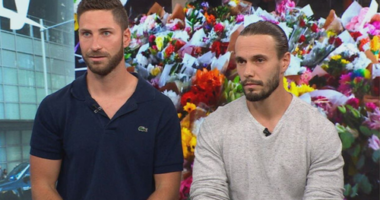 Damien Guérot and Silas Despreaux (L-R) Bondi Junction Westfield bollard man hero