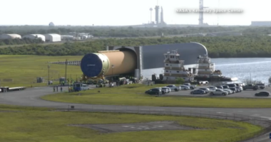 Core rocket for upcoming Artemis III mission arrives at Kennedy Space Center