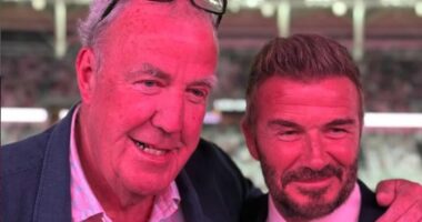 David Beckham surprises pal Jeremy Clarkson with a birthday cake