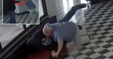 Dramatic moment Oklahoma principal Kirk Moore tackles Columbine-obsessed school shooter while being shot