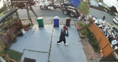 Dump truck returns debris to customer's San Pablo, California yard after dispute over unpaid bill, video shows