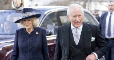 Easter begins for King Charles and Queen Camilla as they're welcomed by children bearing white bouquets at historic Maundy service in North Wales