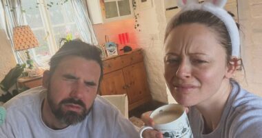 Emily Atack poses with fiancé in a look at her 'idyllic village home'