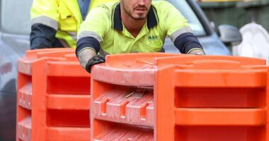 The Budget is setting aside $90.6million to boost the number of skilled workers in the construction sector (pictured are construction workers at Parramatta in Sydney's west)