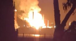 Firefighters continue to battle huge blaze at Geelong oil refinery