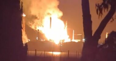 Firefighters continue to battle huge blaze at Geelong oil refinery