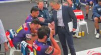 Pictured: Melbourne coach Craig Bellamy gives forward Joe Chan (left, in the No.11 jersey) a severe dressing down at halftime of the team's loss to the Warriors on Saturday night
