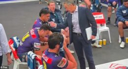 Pictured: Melbourne coach Craig Bellamy gives forward Joe Chan (left, in the No.11 jersey) a severe dressing down at halftime of the team's loss to the Warriors on Saturday night