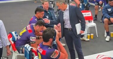 Pictured: Melbourne coach Craig Bellamy gives forward Joe Chan (left, in the No.11 jersey) a severe dressing down at halftime of the team's loss to the Warriors on Saturday night