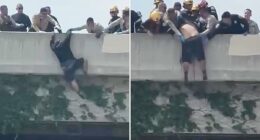 Heart-stopping moment rescuers swoop in on man trying to jump from LA overpass