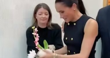Just like a working royal! Moment Meghan hands gifted flowers to her aide during royal-style visit to children's hospital in Melbourne with Harry