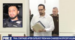 Man accused of killing cop barred from court after outburst