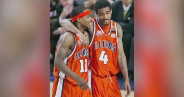 March Madness: University of Illinois Fighting Illini alums from 2005 Final Four team cheering for basketball championship