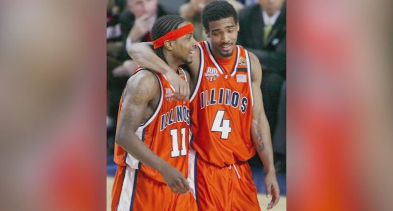 March Madness: University of Illinois Fighting Illini alums from 2005 Final Four team cheering for basketball championship