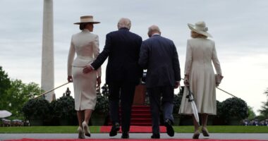 President Trump gives first lady Melania a playful tap on the tush during meeting with King Charles and Queen Camilla