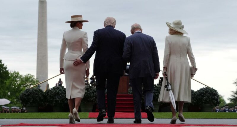 President Trump gives first lady Melania a playful tap on the tush during meeting with King Charles and Queen Camilla