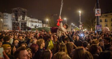 Protesters rally at a concert calling for Hungary's PM to be ousted