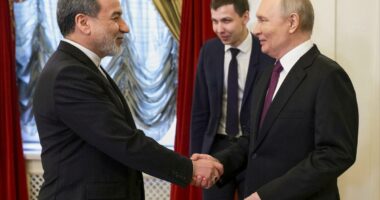 Putin puts on huge smile as he greets Iran's foreign minister â and vows to 'serve' Tehran's interests