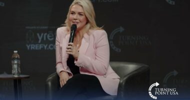 Question shouted down at Erika Kirk's TPUSA event as Leavitt responds